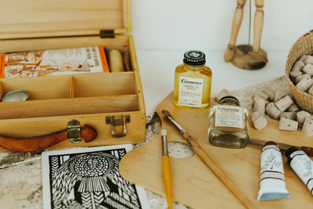 Craft supplies, such as brushes, thinners, etc.