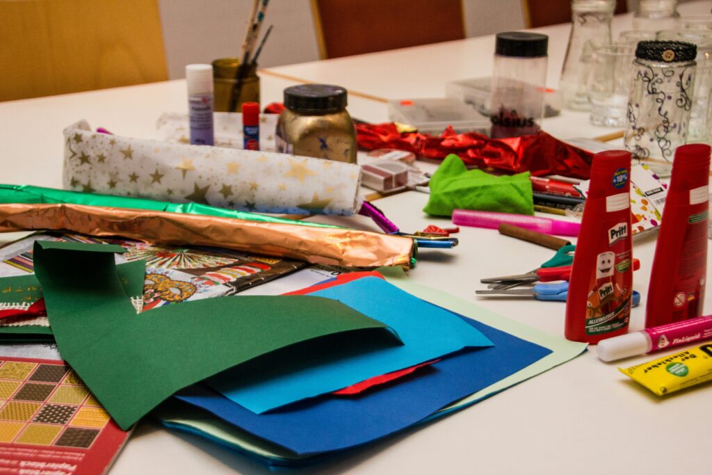 Crafting supplies on a table, ready for a crafting party
