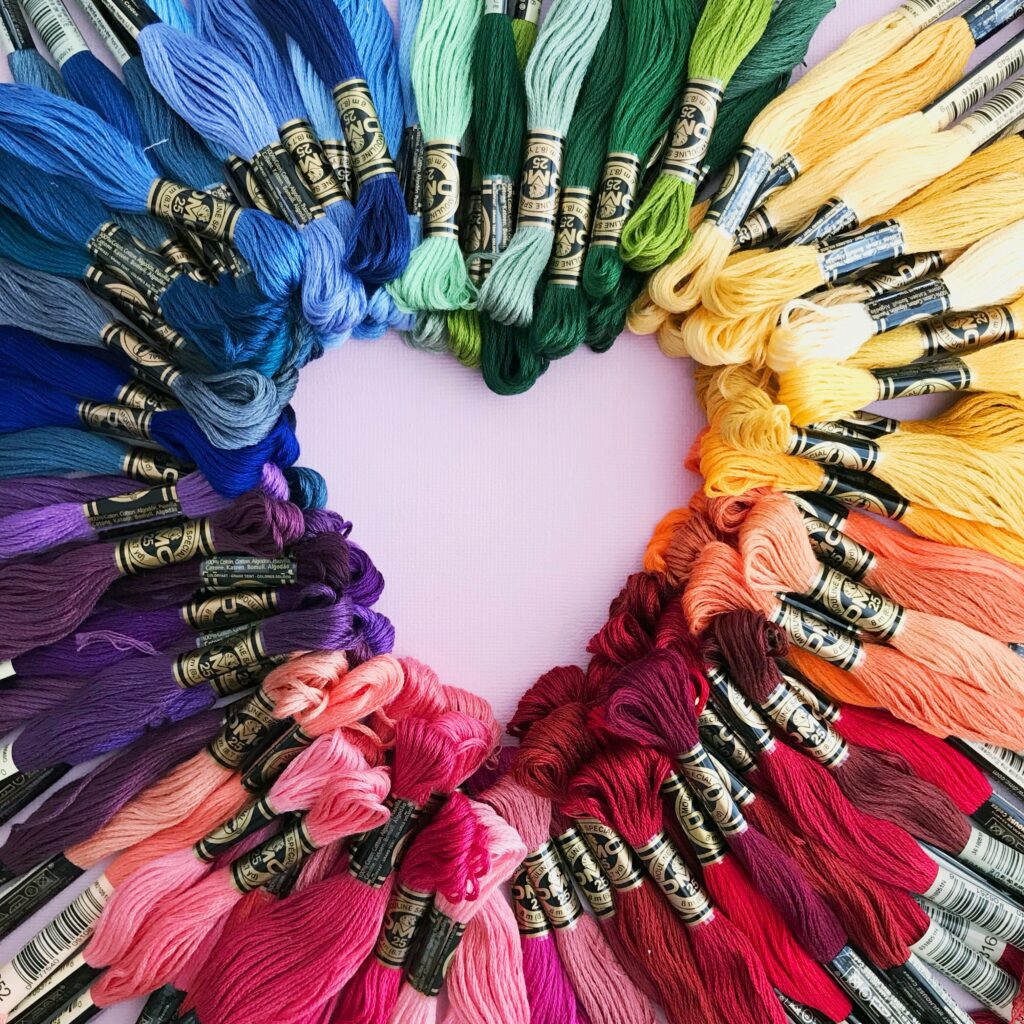 Heart made from skeins of embroidery floss