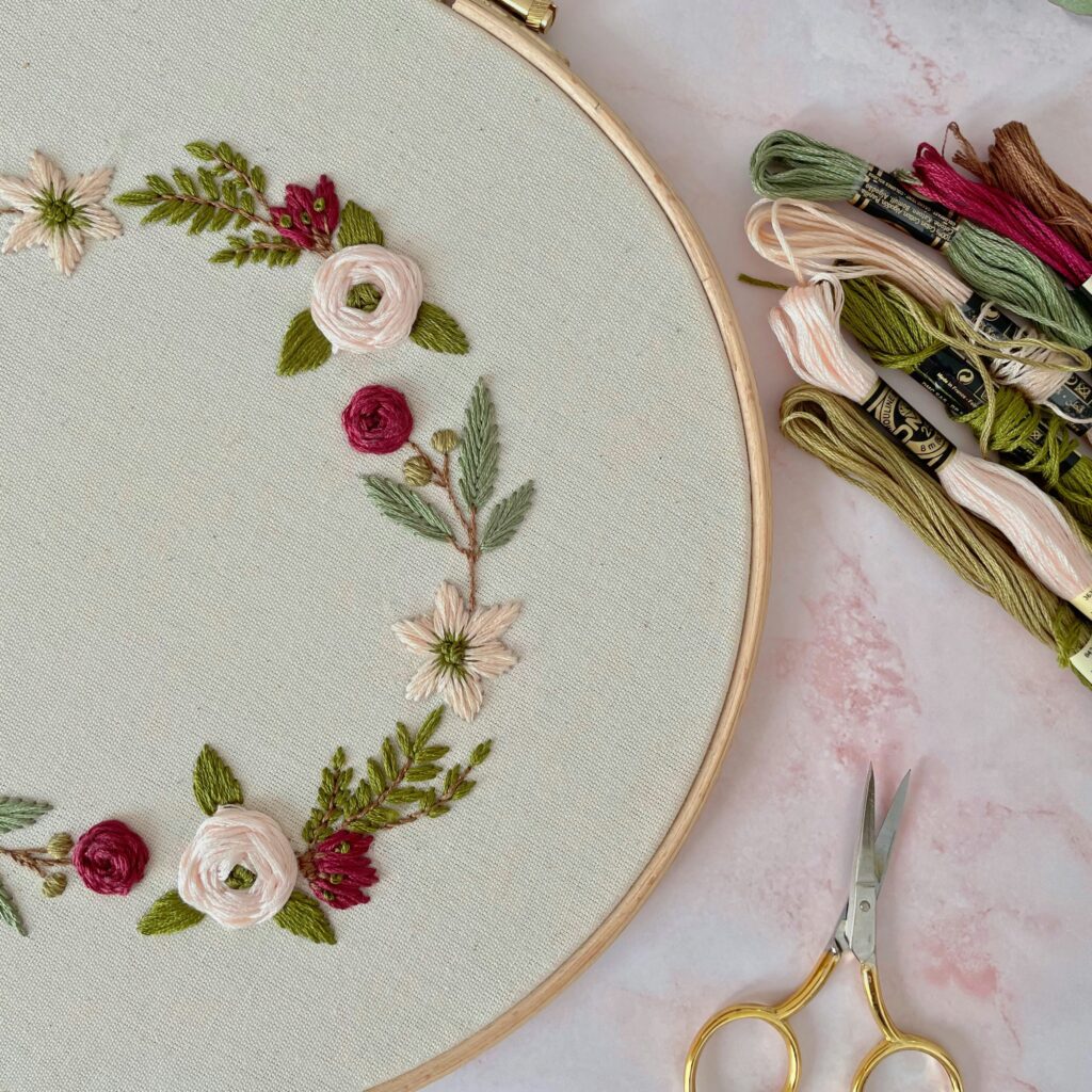 Hand embroidery in embroidery hoop