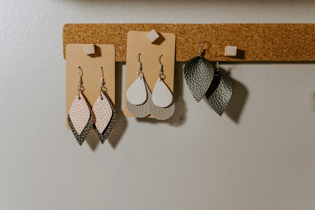Handmade earrings on display, ready for sale