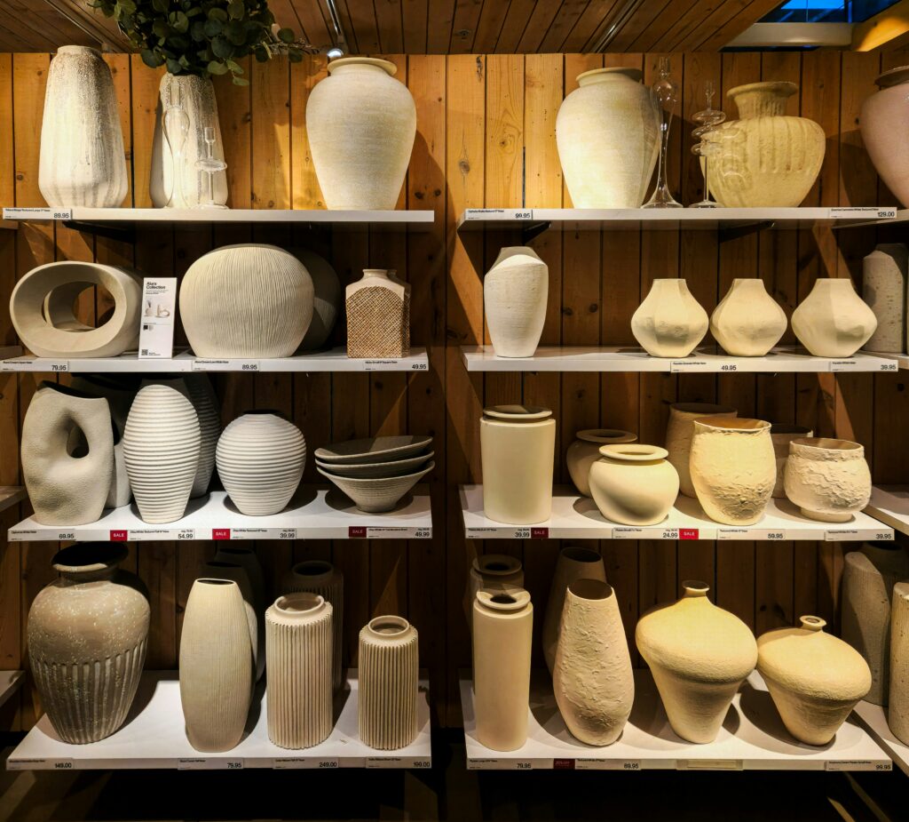 Pottery on shelves, ready to be sold