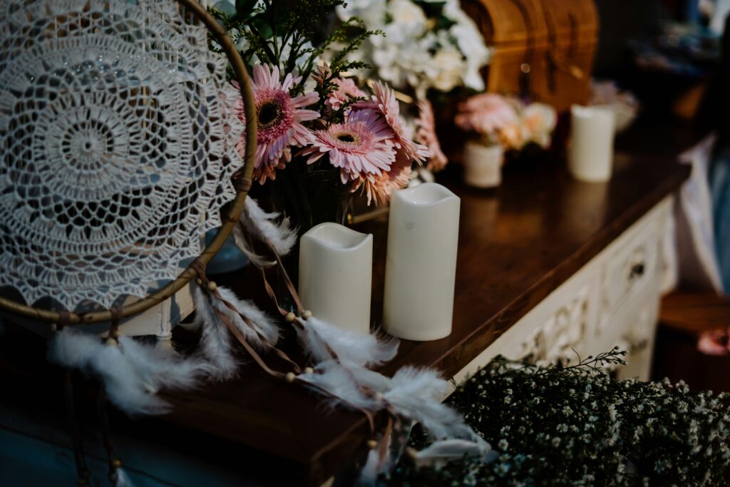 Handmade wedding backdrop made of lace doilies and flowers