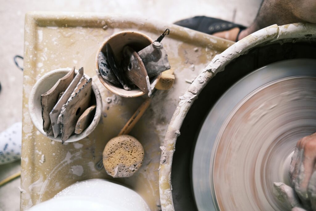 Pottery supplies and a pottery wheel